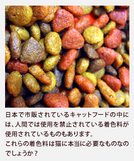 日本で市販されているキャットフードの中には、人間では使用を禁止されている着色料が使用されているものもあります。これらの着色料は、猫に本当に必要なものなのでしょうか？