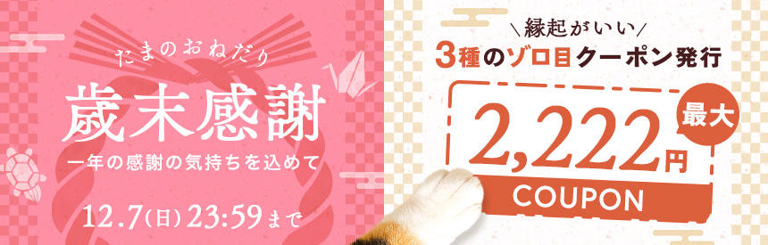 【12/7(日)23:59まで】歳末感謝《3種類》のゾロ目◎最大2,222円クーポン